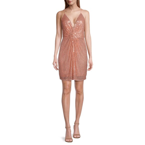 Liv Foster women Draped Beaded Sequin Short Mini Dress size 2 Peach Strappy $275 - Picture 1 of 12